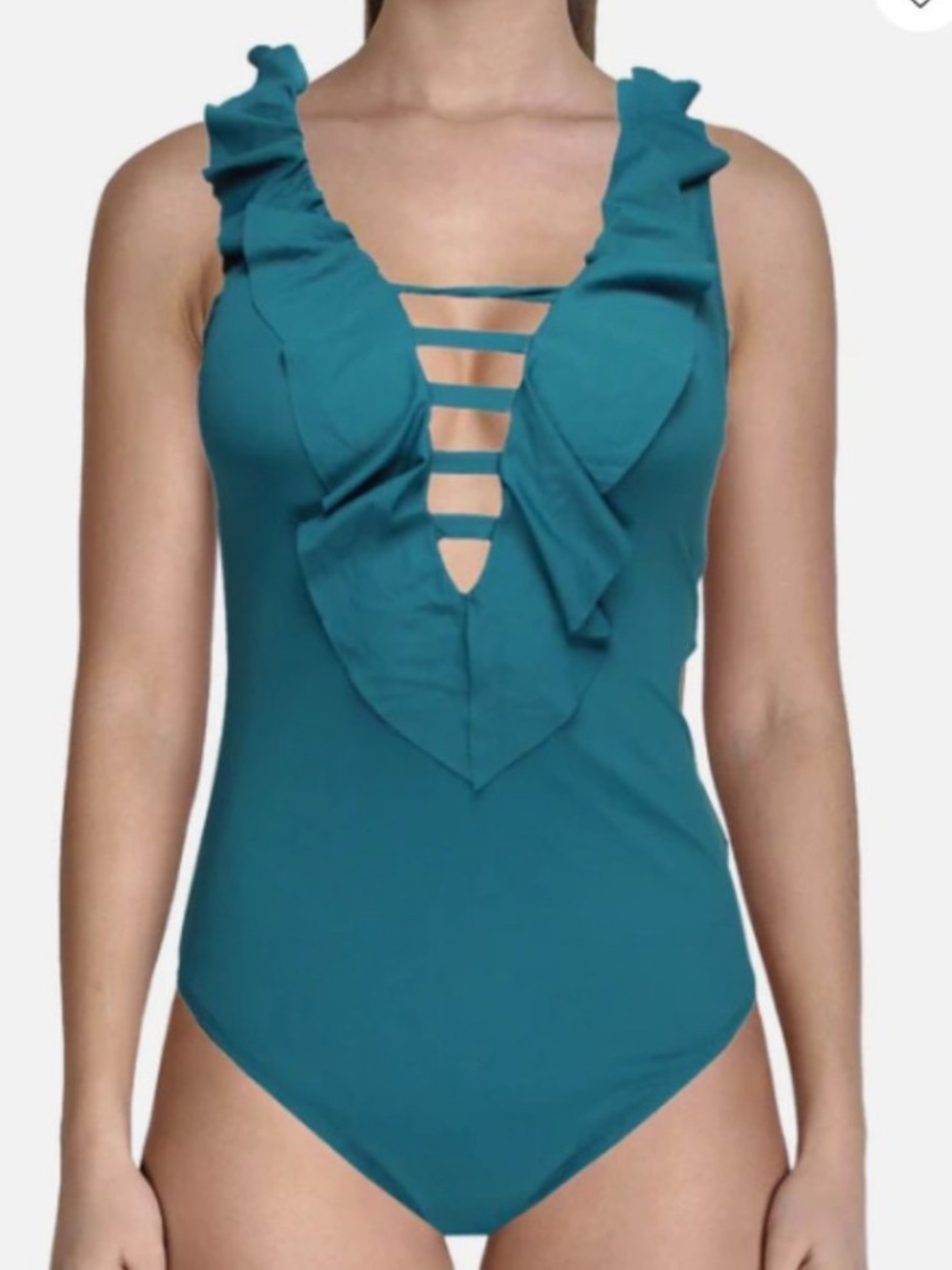 Bleu Rod Beattie Ruffle Plunge One Piece Swimsuit in green size 6